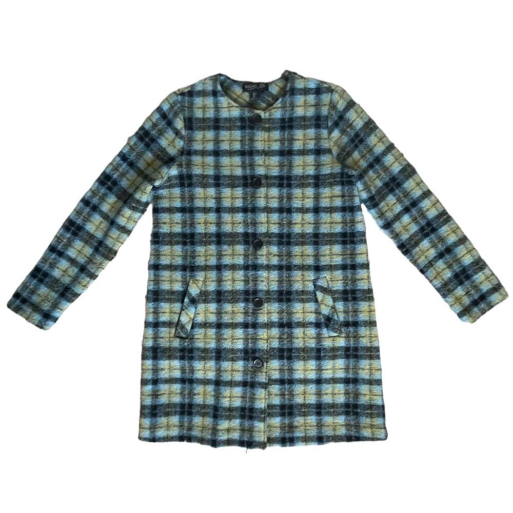 Rachel Zoe Sweater Coat Blue Plaid Longline Cardigan Wool Blend Small